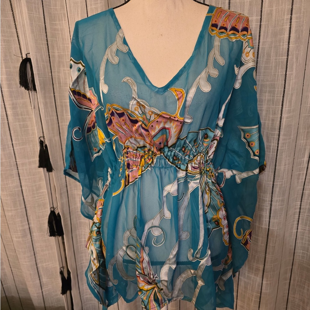Dots Teal Sheer Tunic with Vibrant Patterns